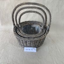 Small Grey Willow Wicker Basket with Ear Handle and Liner for Flower Plant