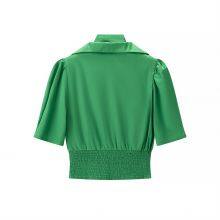 2025 Pleated Elastic Waist Shorts Women's French Fashion Satin Blouse Solid Color Tunic Top V-neck thumbnail-2