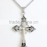 Stainless Steel Pendant: Gothic cross with black inlay, circle at back center and clear gem at center front