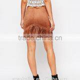 High Rise Nice Design Women Slim Fit Fringe Brown Suede Skirt thumbnail-4