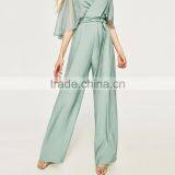 HAODUOYI Light Green Patchwork Women Jumpsuit V-neck Half Sleeve Sashes Elegant Culottes Perspective Lady Jumpsuit for Wholesale thumbnail-4