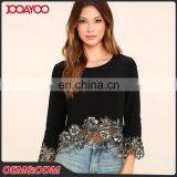 Black Round Neck Long Sleeve Open Back Lace Embroidered Crop Top thumbnail-1