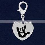Deafness Awareness Heart Charm Silver Tone Black Enamel I Love You Sign Language Symbol Heart Charm thumbnail-2