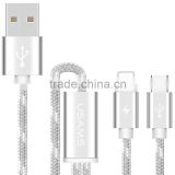 USAMS SJ046 1.2M Nylon braided 2in1 cable for iphone 6/6s/6s plus 2.1A USB Metal Weave Charging Data cable for type-c device