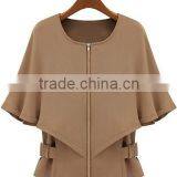 Camel Round Neck Zipper Cape Poncho Coat Women thumbnail-1