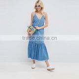 2017 Summer V Neck Cross Back Straps Maxi Long Denim Dress Woman HSD9982