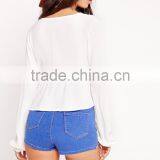 Lady White Cropped Long Sleeve Hotsale Elegant Satin Blouses thumbnail-5