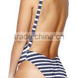 Ladies White and Blue Stripe Cut Out Back One-piece Swimwear thumbnail-3