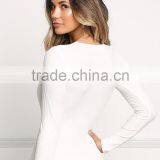 MGOO High Quality Women Long Sleeves Lace Up Bodysuit Low Back Off Plain White V Neck Rib 95% Cotton 5% Spandex thumbnail-5