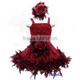 Ruby Red Rose Pettiskirt Wedding Party Flower Girl Feather PettiDress Matching Sash and Headband 1-7Y thumbnail-1