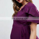 Fashion Comfortable Maternity Mini Wrap Dress With Ruffle Sleeve thumbnail-4