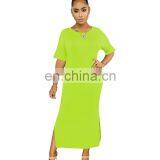 Wholesales Best Seller Women Solid Color Casual Long Dresses Ladies Split O-Neck Dresses Women Summer Dresses thumbnail-4