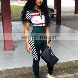 Summer Sexy V Neck Jumpsuits Plaid High Waist Rompers Front Zipper Womens Jumpsuit Bodycon Overalls Short Sleeve Playsuit thumbnail-5