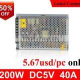 50% discount LED display applicable constant voltage ac dc 40ampere 200w 5v power supply