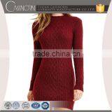 Elegent Slim Fit Wine Red Crew Neck Long Sleeves Cable-knit Ladies Custom Knitted Dress thumbnail-1