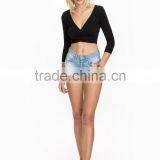 Latest New Design v Neck Crop Top Plain Wholesale Long Sleeve Women Crop Top thumbnail-6