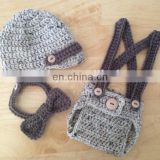 Crochet 3 pcs Set Newsboy Hat Diaper Cover Set /Suspenders and Bow Tie in Oatmeal & Taupe, Photography Prop for Newborn Baby