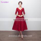 Wine Red Bridesmaid Dresses With Half Sleeves V Neck Corset Lace Up Tea Length Brides Maid Dress Vestidos De thumbnail-2
