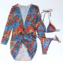 3 Pieces Ladies Women Printed Sexy Swimsuit Bikini Swimwear With Cover-Up thumbnail-3