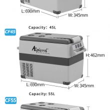 CF45 Alpicool 45L DC 12V/24V AC 100-240V power superior compressor heavy duty handles built-in light portable car refrigerator