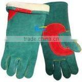 Warm Lined Green Cow Split Leather Welding Gloves With Red Palm/best Quality Taidoc