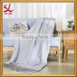 Cozy Cotton Cable Knitted Couch Cover Sofa Throw Blanket Wave Pattern Design With Tassels, Grey, 47*70" thumbnail-1
