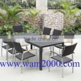 Retangular poly wood dining table and pe rattan dining chairs for garden