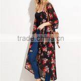 Custom Flower Print Women Soft Comfortable Beachwear Outwear Black Floral Longline Chiffon Kimono thumbnail-4