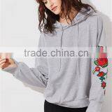 MGOO Custom Design Lightweight Drop Shoulder Heather Grey Embroidered Rose Applique Dolman Sleeve Hoodie thumbnail-3
