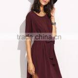 Burgundy Self Tie Curved Hem Dolman Sleeve Dress 95% Cotton 5% Spandex Curved Hem Casual Belted Dress thumbnail-3