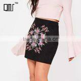 Side Zipped Embroidered Black Suede Stretchy Tight Mini Pencil Skirt thumbnail-2