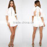 High Neck Lace Zipper Back White Short Jumpsuits Women Chiffon Playsuit thumbnail-5