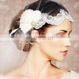 Newest Design! High Quality Bridal Feather Headpiece Crystal Wedding Head Decoration And Mid-length Veil With Lace For Women thumbnail-1