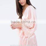 Elegant Tie-up Front Lace Trimmed Sleeves Kimono Robe Wholesale Satin Robe. thumbnail-5