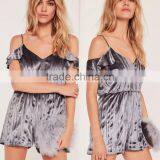 2017 Summer Sexy Pleated Velvet Frill Cold Shoulder Sleeve Womens Playsuit thumbnail-1
