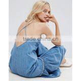 2017 Summer V Neck Cross Back Straps Maxi Long Denim Dress Woman HSD9982 thumbnail-4