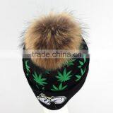 Myfur Adult Screen Green Leaf Printed Skull Hat With Real Fur Pom Pom thumbnail-2