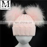 Brand Cute Baby Crochet Hats and Caps with Two Real Raccoon Fur Balls Top Color Matching Hat