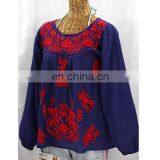 Women's Cotton Blue Blouse Kaftan With Red Flower Designer Embroidery/Elegant Kaftan & Tunic Tops Tunic Ladies 2017 New Blouse thumbnail-1