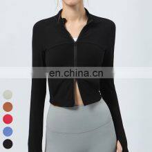 Custom Workout Wear Double Head Zipper Stand Collar Sports Coat Gym Fitness Tops Long Sleeve Ribbed Short Yoga Jacket For Women thumbnail-5