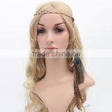 DSHB01 Tribal Hair Band Indian Peacock Feather Pendant Headband Golden Leaves Rope Knitted Belt Elastic Hairband thumbnail-3
