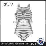 2016 New Fashion Lace Up Front Sleeveless Bodysuits Young Girl Black White Stripe Women Tops thumbnail-1