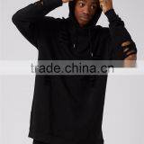 Plain Black Extreme Ripped Oversized Longline Distressed Hoodie Split Side Drawstrings Blank Sweatshirt Men thumbnail-4