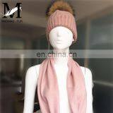 Wholesale Knitted Wool Cashmere Scarves Raccoon Fur Pom Hat Scarf Combination thumbnail-2