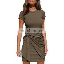 Manufacturers Wholesale Women's Irregular Dress Short Sleeve Round Neck Pleated Bow Belt Slim thumbnail-2