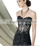 Black Satin Beaded Long Sleeved Evening Gowns thumbnail-2