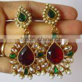 GOLD Plated Maroon Red Polki Pearl Bollywood Necklace EARRING Bridal WEDDING Set thumbnail-3