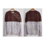 Full Chunky Mens Cable Knit Sweaters in Crew Neck with Coffe Grey Stripes , Two Tone