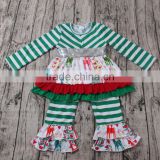 2016 yawoo green stripe sequin deer patterns tunic dress and ruffle pants little girls christmas clothes