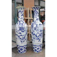 Tall Blue White Porcelain Oriental Dragon Vases With Hand Carved/Relief Craft H55' & H64'